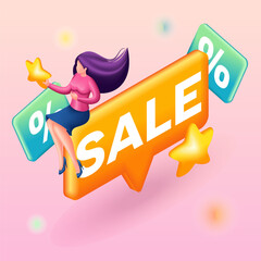 Wall Mural - trending 3d isometric, cartoon icon. girl character shop at an online store. online shopping concept