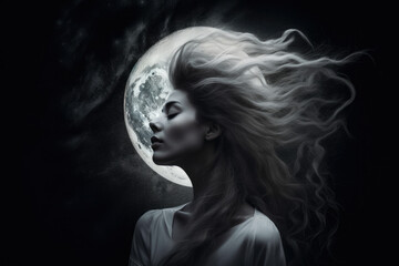  evocative portrait of a woman with a moon in her back, symbolizing the cyclical nature of life, feminine energy, and the mysteries of the night, generative ai