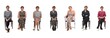 © Curto - front view of the same woman in different outfits sitting on chair on white background