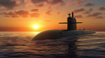 Wall Mural - Sunset with Diesel Electric Submarine, realistic, photography, super detailed, generative ai