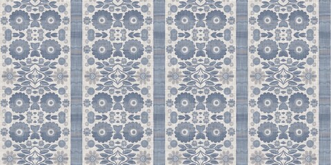 Farm house blue damask seamless border. Tonal french intricate cottage style trim. Simple rustic fabric textile for shabby chic patchwork. 