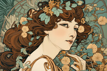 Glamorous Art Nouveau Portrait Of A Woman With Flowers In Her Hair, Generative Ai
