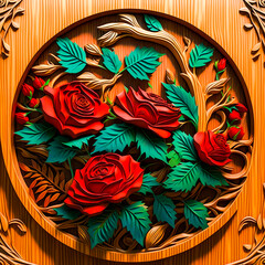 Canvas Print - Close up of wooden carving of flowers and leaves on wall. Generative AI.