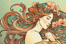 Graceful Woman With Flowing Hair And Floral Accents In Art Nouveau Style, Generative Ai