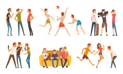 Sticker - Friends Together Playing Volleyball, Talking, Drinking Beer and Playing Video Game on Sofa Vector Set