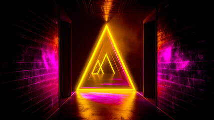 Sticker - Dark room with neon triangle in the middle of the room and brick wall in the background. Generative AI.