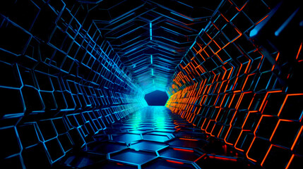 Sticker - Dark tunnel with neon lights and hexagonal tiles on the floor. Generative AI.