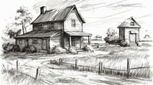 Drawing Sketch Village House Generative AI