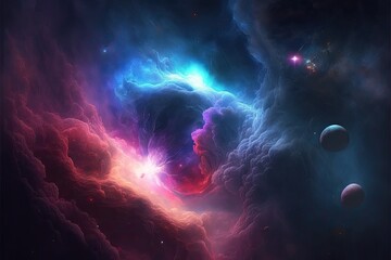 Wall Mural - Space with shining stars, stardust and nebula. Realistic cosmos. Colorful galaxy illustration. Bright futuristic background. Generative AI.