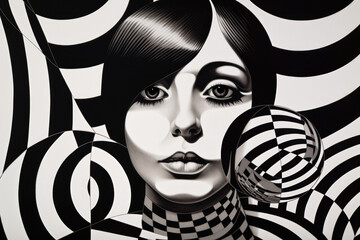 Monochromatic Op Art portrait of a woman with circular shapes and contrasting shades, generative ai