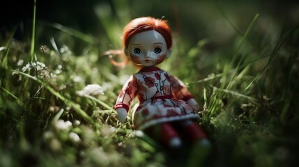 A sad doll left alone in the grass on a summer day. Generative AI. 