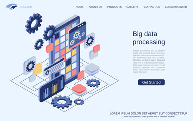 Wall Mural - Big data processing, information computing, digital technology modern 3d isometric vector concept illustration. Landing page design template