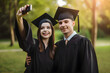 © Alina - university graduates in graduation caps, boy and girl smiling and taking selfie, Generative AI 2