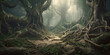 © ChaoticDesignStudio - Fantasy forest with gnarled crooked twisted trees. Generative AI illustration