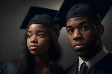 Wall Mural - university graduates in graduation caps, African American man and woman, Generative AI