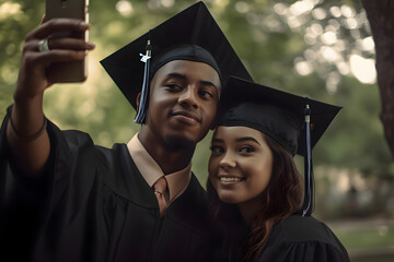 Wall Mural - university graduates in graduation caps, boy and girl smiling and taking selfie, Generative AI 1