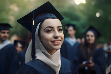 Wall Mural - A female graduate in a graduation cap and gown smiles against the background of graduates, Generative AI 2