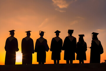 Wall Mural - Silhouettes of graduates in graduation caps at sunset, Generative AI 1