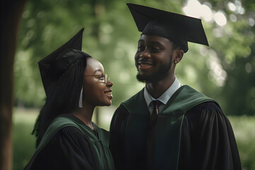 Wall Mural - university graduates in graduation caps, African American boy and girl smiling, Generative AI