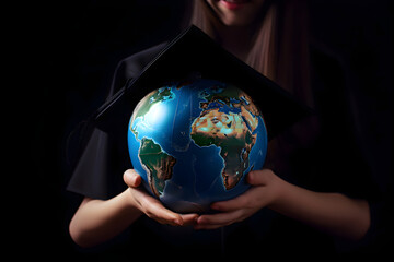 Wall Mural - Earth globe in a graduation cap in the hands of a graduate girl, Generative AI