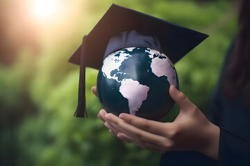 Wall Mural - Earth globe in a graduation cap in the hands of a graduate girl, Generative AI 1
