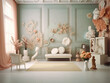 stanza romantica, con fiori, e tonalità rosa, mock up romanstico, 3d render, ideale per sovrapposizione fotografica, colori pastello, 