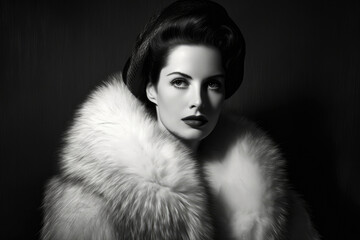 Portrait of a Glamorous Woman with a Fur Shawl in Old Hollywood Style, generative ai