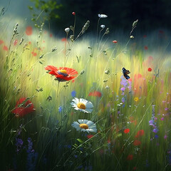 Flower painting. Wildflowers white daisies, red poppies and yellow beautiful flowers in grass on field.