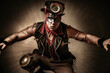 Portrait of a Steampunk Circus acrobat mid-performance with dynamic movement and a striking costume, generative ai