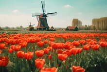 Tulips Row And Windmills In The Netherlands
