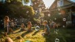 © bomoge.pl - Happy children playing with bubbles in the backyard on a sunny day. Generative AI.
