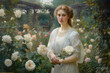 Pre-Raphaelite woman with a gentle smile, wearing a white dress with intricate lace details, standing in front of a garden filled with blooming roses'', generative ai