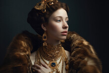 Regal Portrait Of A Woman In The Style Of Historic Royalty With Intricate Golden Jewelry And A Luxurious Fur Cloak, Generative Ai
