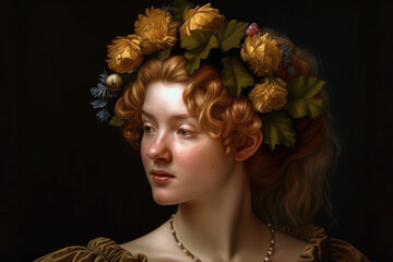 Renaissance Woman with Flowers in her Hair, generative ai