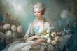 Rococo-inspired portrait of a woman, painted in a romantic and dreamy style, wearing a soft, flowing dress and holding a bouquet of wildflowers in her hands, generative ai