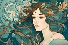 Serene Woman With Waves And Oceanic Elements In Art Nouveau Style, Generative Ai