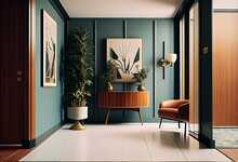 Mid Century Modern Foyer Interior Design - AI Generated. Generative AI