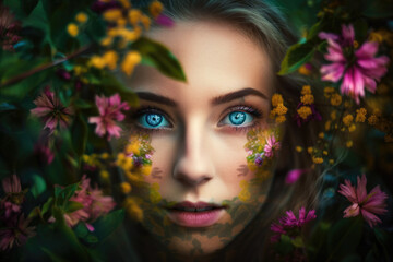 Poster - Woman's Face with Blossoming Flower Eyes in a Vibrant Forest, generative ai