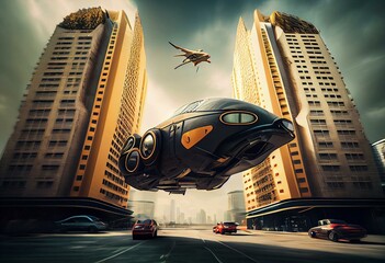 Vehicle flying near futuristic buildings, illustration. Generative AI