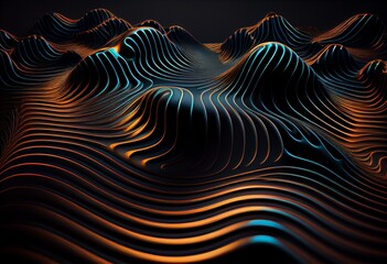 Black Surface Wallpaper with Ripples. Smooth Texture with Neon Highlights. Generative AI