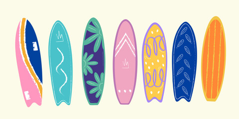 Set of surf boards, Surfing Sport, Surf Boards by Ocean Waves. Summer Activity, Lifestyle. Cartoon Vector Illustration.