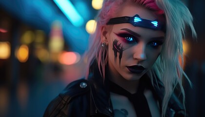 Wall Mural - Cyberpunk girl living in a neon city.