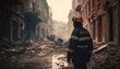 A firefighter walking among the rubble after the earthquake, Generative Ai