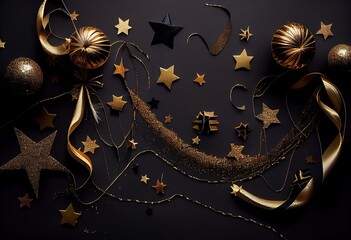 New Years Eve border banner of glittery gold stars, streamers, decorations and noisemakers. Above view over a black background. Generative AI