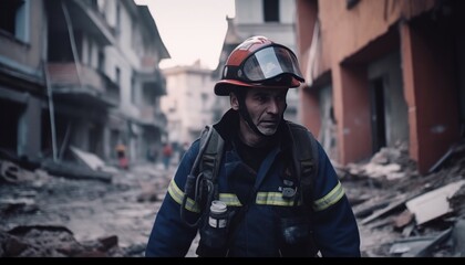 A firefighter walking among the rubble after the earthquake.