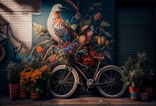 A Bike Parked Next To A Wall With A Mural On It's Side And Flowers In A Basket On The Back Of The Bike.  Generative Ai