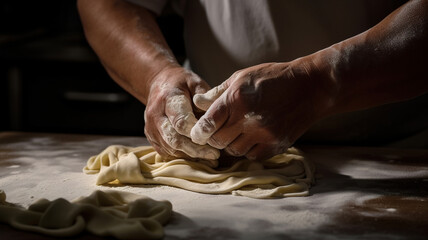 Chef making dough for traditional Italian homemade tagliatelle pasta, Cooking process, food concept