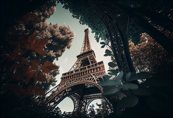 Wall Mural - Eiffel Tower against the sky with green trees in Paris, France. Famous travel destination. Generative AI