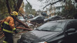 © yarohork - Back view of firefighters helping to clear fallen trees off cars in the aftermath of a stormy, rainy day. Generative AI