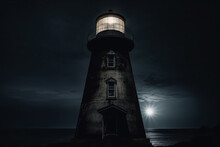 A Dark And Eerie Lighthouse Stands Tall In The Night, With A Bright And Ominous Light Shining From Its Tower. Generative AI